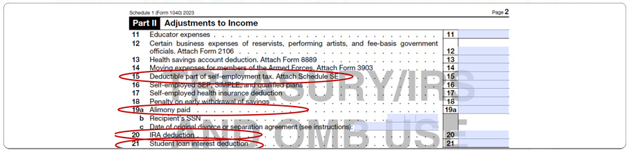 Adjustments to Income section of Schedule 1 with deductions for self-employmenet tax and alimony lines highlighted.