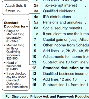 Form 1040 showing standard deductions amounts.