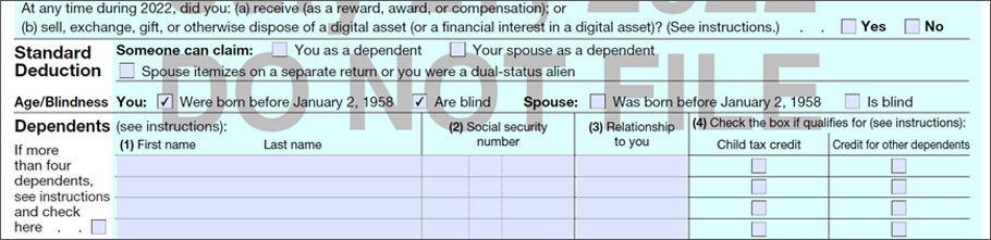 Form 1040 Tax and Credits section, showing checkmarks for age and blindness.