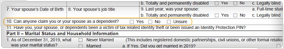 Intake and interview sheet question about being claimed as a dependent on another person's tax return.