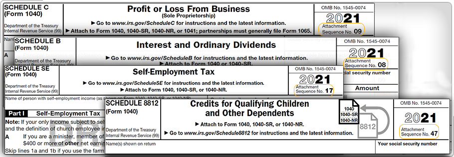 Tops of Form 1040 Schedules, with attachment sequence numbers highlighted.