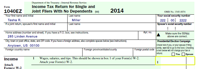 Graphic showing top section of Tasha Miller's Form 1040 EZ with label area complete and blank Line 1 highlighted