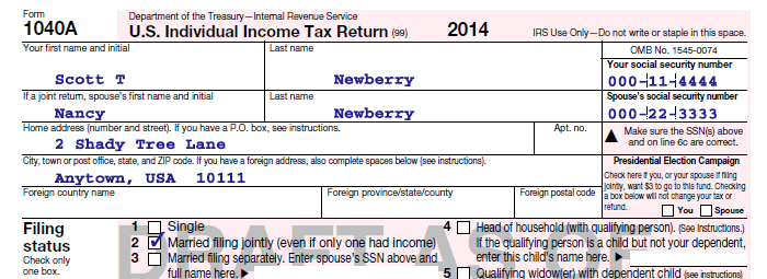 Image of form 1040A Label and Filing Status with the following fields filled in : your first name and initial: Scott. Last name: Newberry. Ssn: 000-11-4444. Spouse's First name: Nancy. Last name: Newberry. Ssn: 000-22-3333. Home address: 2 Shady Tree Lane. City State Zip: Anytown, USA 10111. Filing status: 2 checked Married filing jointly