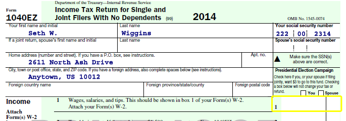 Graphic showing top section of Seth Wiggins' Form 1040EZ with label area complete and blank Line 1 highlighted.