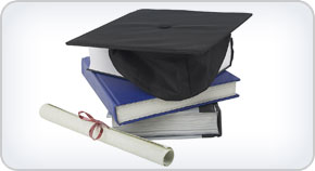 A diploma, books, and a graduation cap.