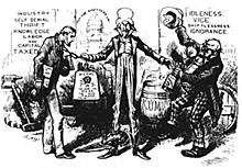 Political cartoon showing Uncle Sam attempting to apply tax laws fairly to the rich and poor.