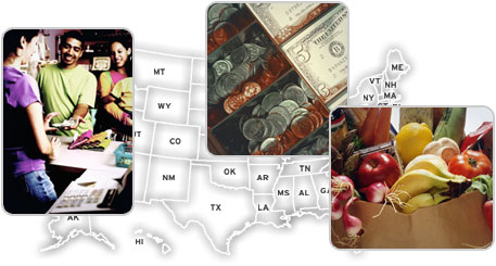 Images of shoppers, groceries, money, and a map of the United States.