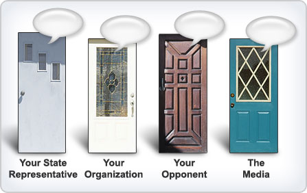 Four doors, which represent your state representative, your organization, your opponent, and the media.