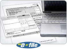 Tax forms and laptop with e-file logo.