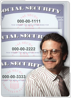Chuck, with three Social Security cards in the background.