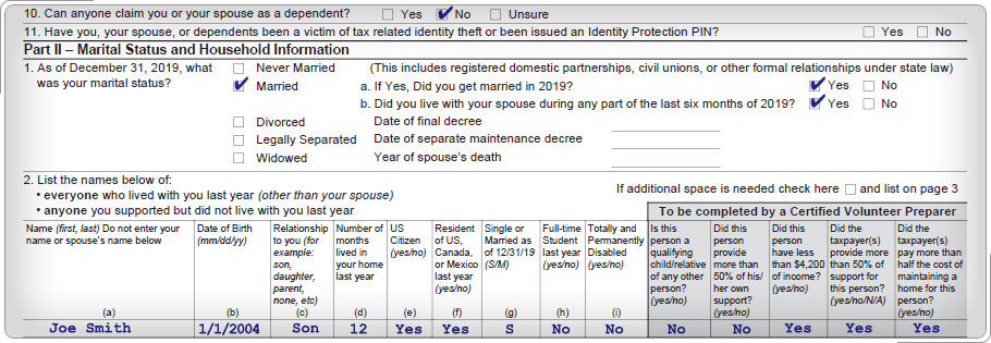 Portion of Intake and interview sheet showing that the taxpayer is legally married, spouse could not be claimed as anyone else's dependent, and taxpayer has a son named Joe Smith, born on 1/1/2004.