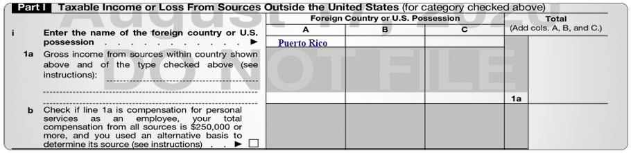 Form 1116, Part I with Puerto Rico in column A.