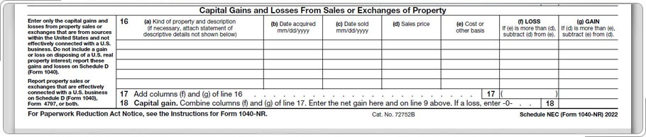 Form 1040-NR, Capital Gains or Losses From Sales or Exchanges of Property