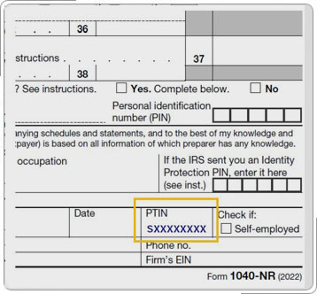 Bottom of Form 1040NR showing SIDN location.