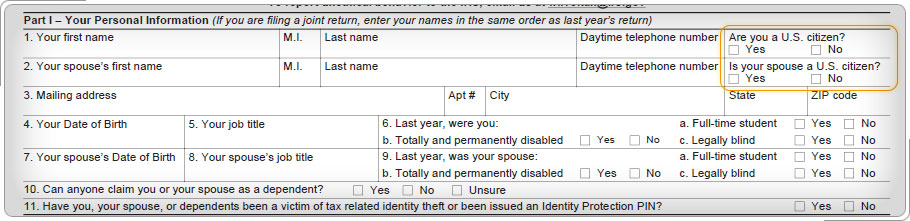 Personal Information section of intake and interview sheet, Are you a U.S. Citizen? Is your spouse a U.S. citizen?