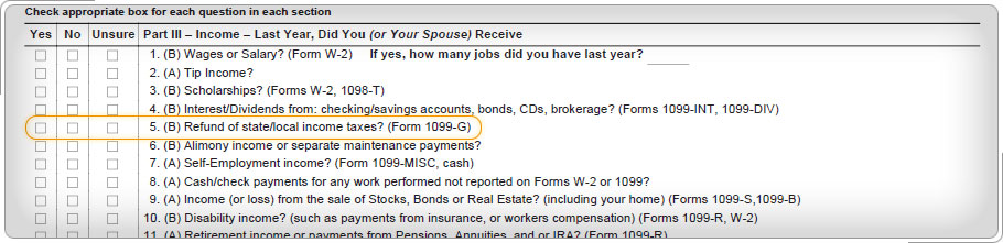 Form 13614-C Part III Income, line 5 Refund state and local income taxes checked YES.