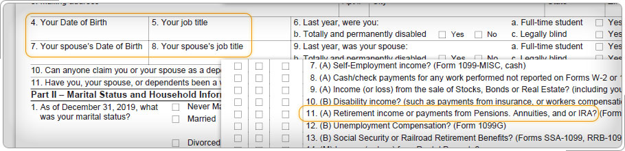 Form 13614-C Intake and Interview Sheet, Income section question about distribution for pensions, annuities, or IRA.