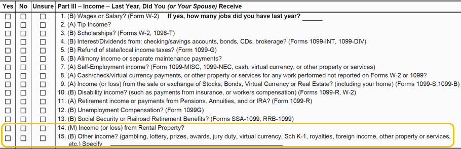 Income Form 13614 highlighting Part 3 line 14 and 15.