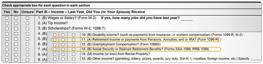 Intake and interview sheet, questions about income from pensions, annuities, IRAs, and unemployment compensation, and Social Security or railroad retirement benefits