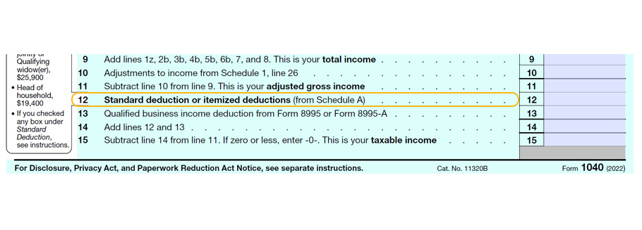 Form 1040 showing line for itemized deductions.