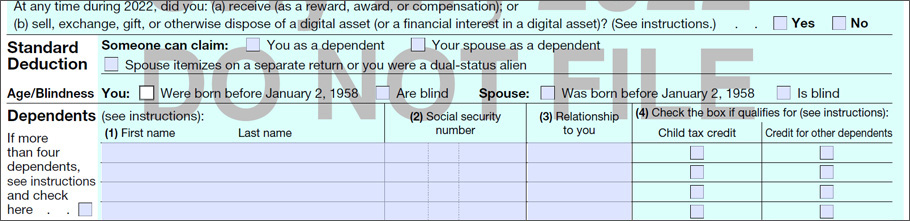 Form 1040 Tax and Credits section, showing blank boxes for age and blindness.