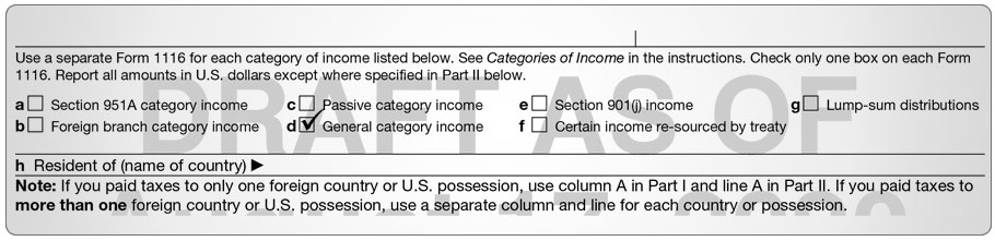 Form 1116 with checkmark in box for General category income.