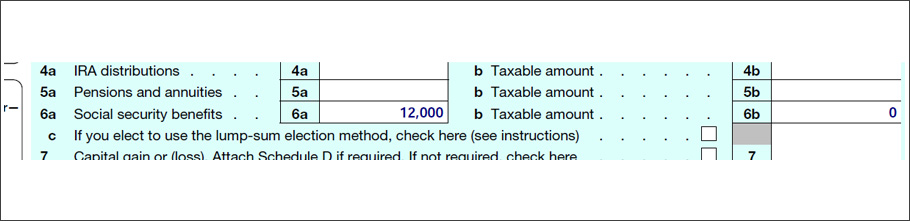 Form 1040, Social Security benefits line showing $12,000.