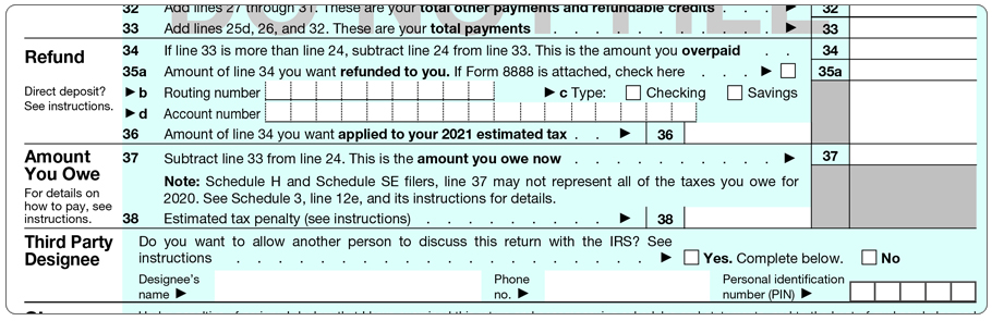 Form 1040 Payments section.
