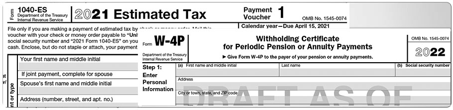Top portion of Form 1040-ES and Form W4-P.