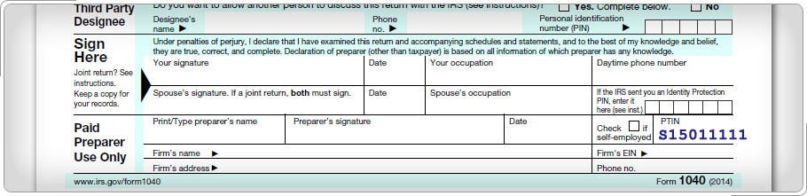 Form 1040 showing the Preparer's PTIN filled in.