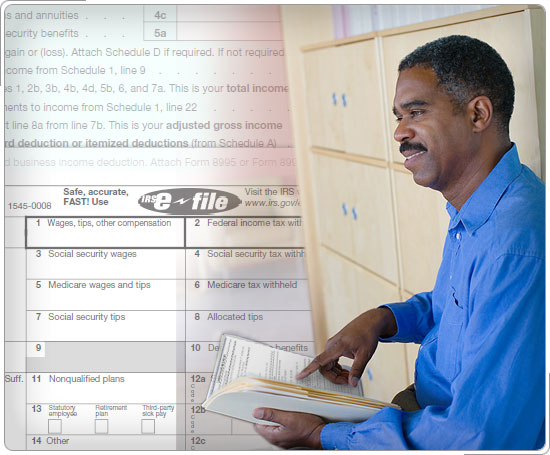 Collage of volunteer and tax forms.