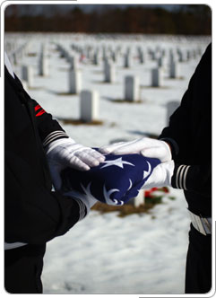 Collage of American flag and military cemetery.