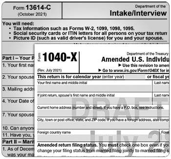 Collage of Form 13614-C and Form 1040X.