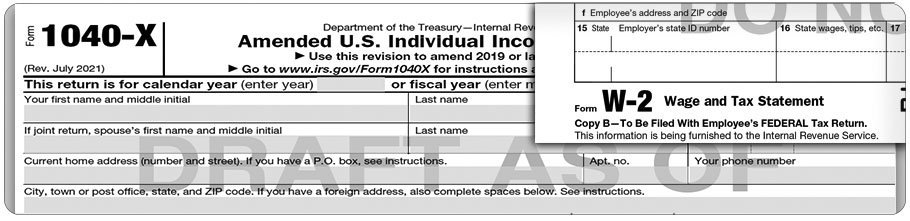 Top of Form 1040X and Form W-2.