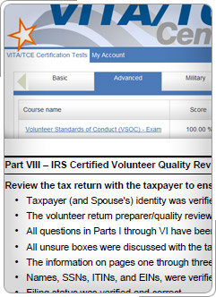 Collage: Pantalla de Pruebas de Certificación de VITA/TCE y esquema de Revisión de Calidad.