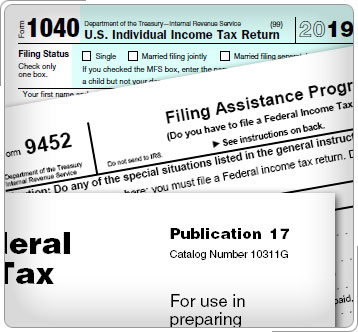 Collage del Formulario 1040, Formulario 1040EZ, Formulario 9452, y Guía de Impuestos.