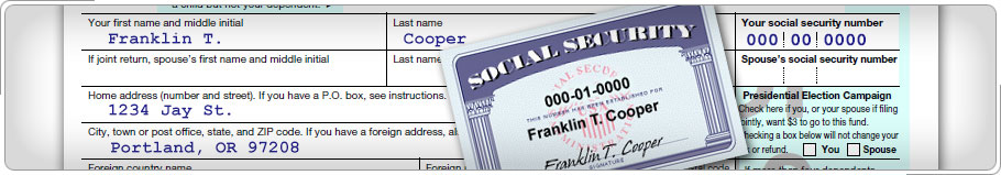 Parte del Formulario 1040 y tarjeta de seguro social. Número de seguro social en la tarjeta es diferente a SSN en el formulario de impuestos.