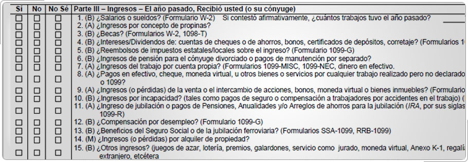 Parte del formulario 13614-C mostrando todos los ingresos.