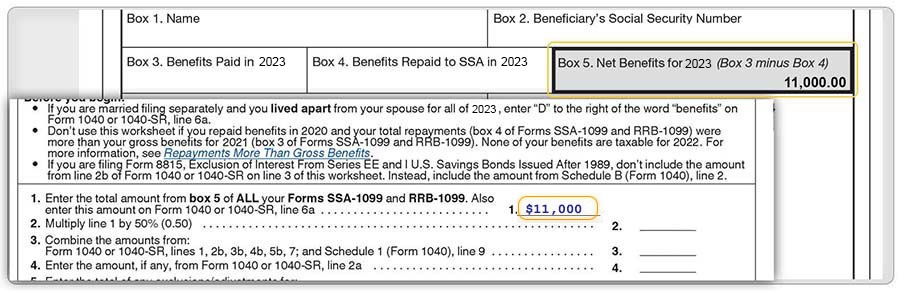 Formulario SSA-1099 con $11,000 en la casilla 5 y calcular su hoja de trabajo de beneficios imponibles con $11,000 en la línea 1.