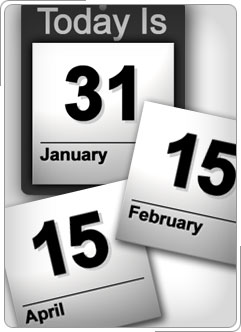 Páginas del calendario para el 31 de enero, el 15 de febrero y el 15 de abril.