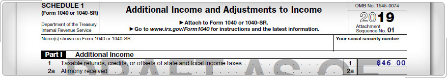 Formulario 1040 que muestra la línea para reembolsos, créditos o compensaciones imponibles del estado y los impuestos locales sobre la renta.