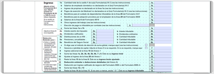 Formulario 1040, sección de Tax and Credits.