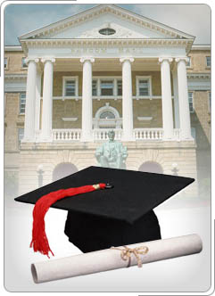 Collage: Universidad, un casquillo de la graduación, y un diploma.