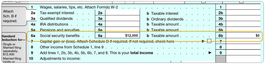 Formulario 1040, línea de beneficios de seguridad social que muestra $12,000.