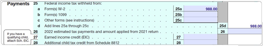 Formulario 1040, mostrando la línea retenida del impuesto sobre la renta federal.