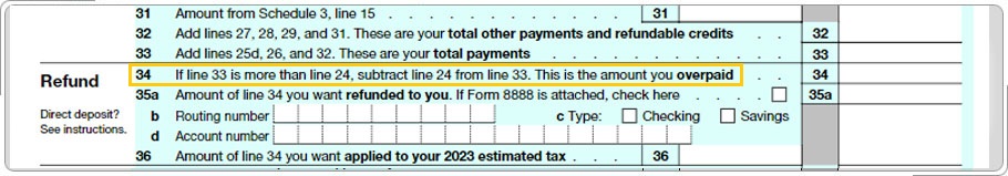 Formulario 1040 que muestra la línea para aplicar el impuesto pagado en exceso al impuesto estimado del próximo año.