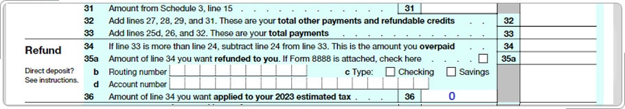 Formulario 1040 mostrando un cero en la línea para aplicar el impuesto pagado en exceso al impuesto estimado del próximo año.